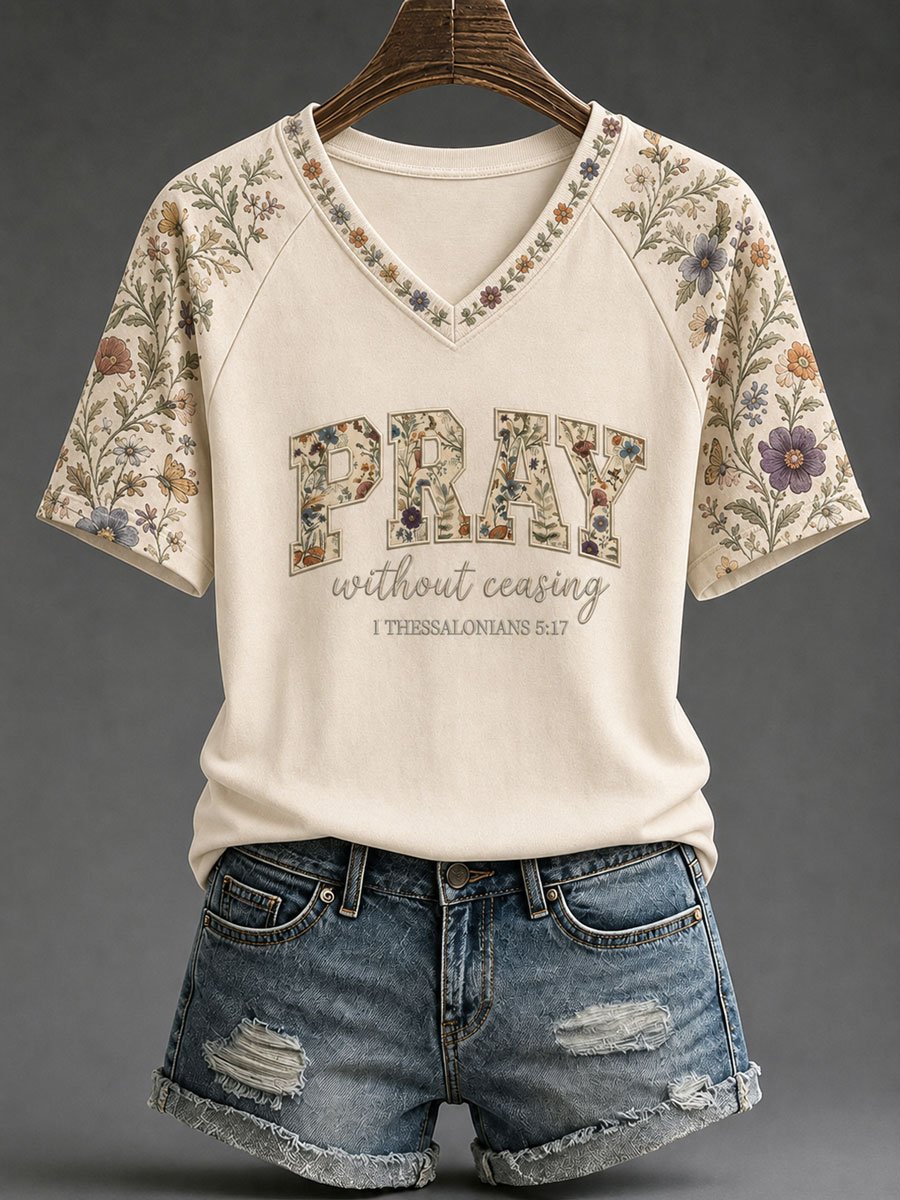 Women's Retro Pray Without Ceasing Printed T-shirt