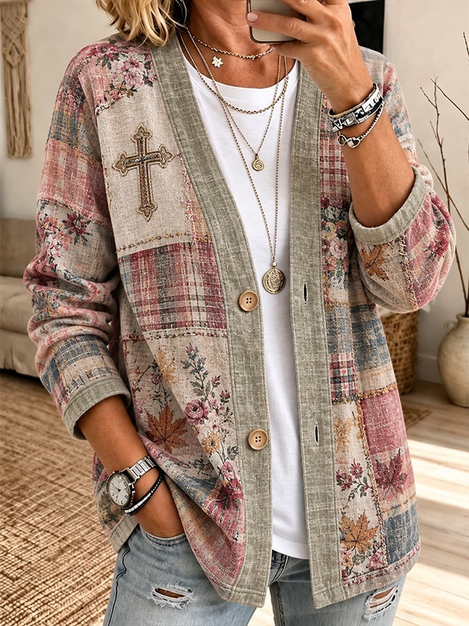 Women'S Faith-Themed Printed Casual Cardigan