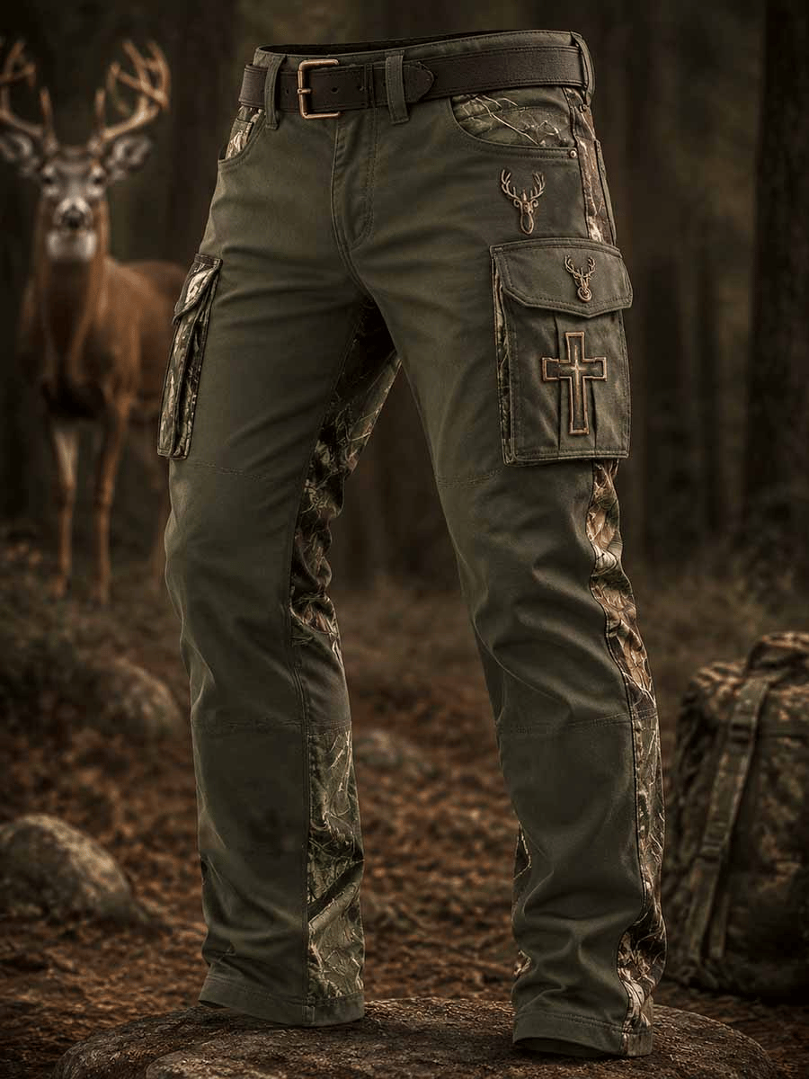 Men's Vintage Faith Traditional Reindeer Pattern Printed Multi-Pocket Cargo Casual Pants