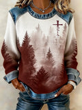 Women's winter forest print crew neck top