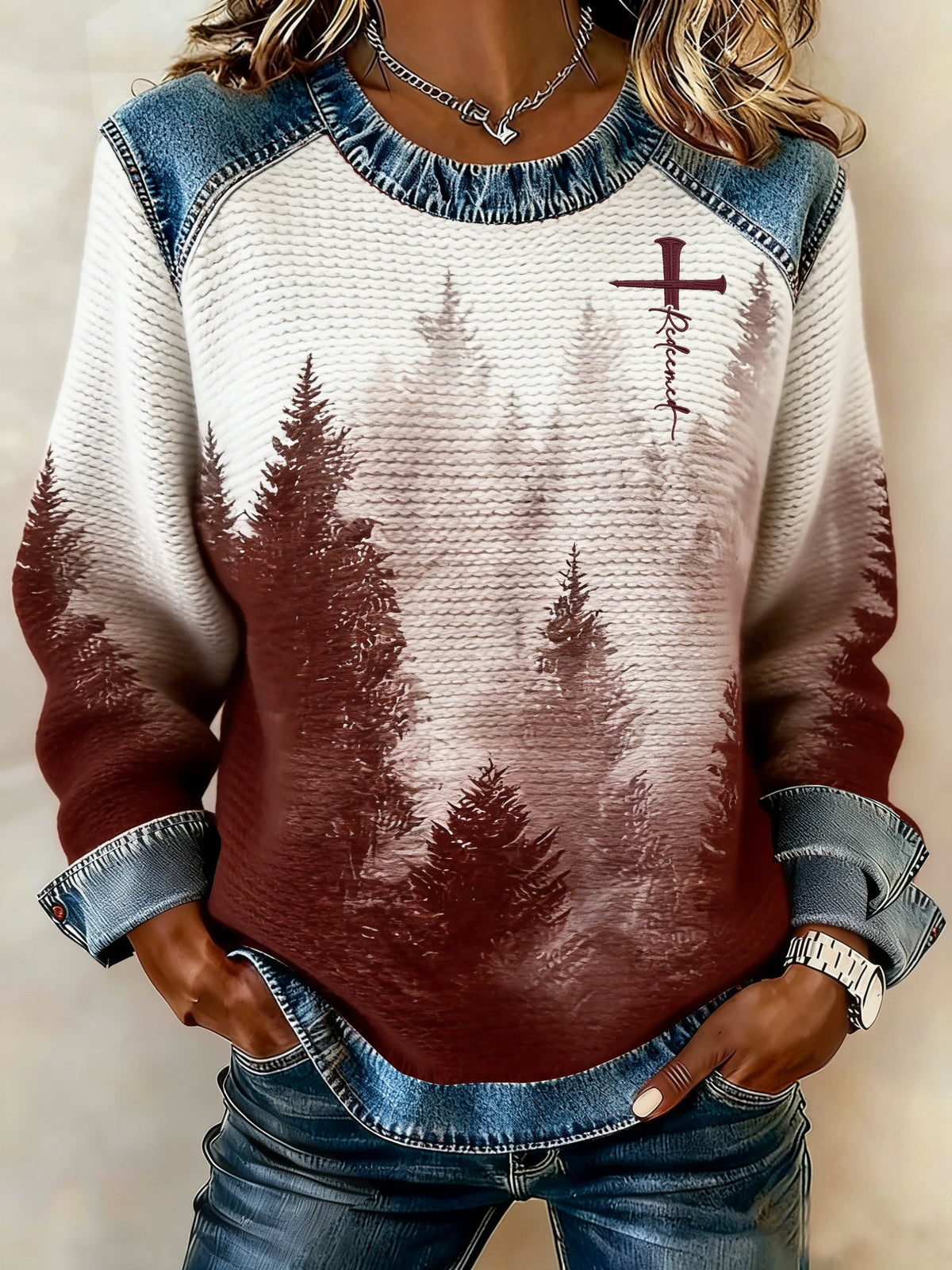 Women's winter forest print crew neck top