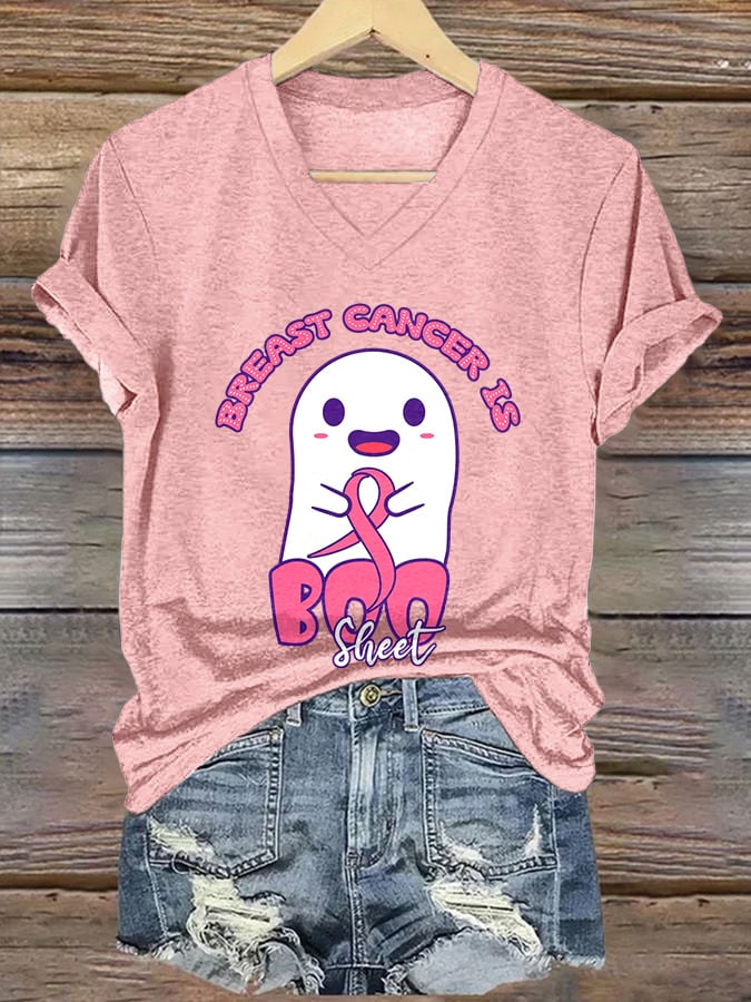 V-neck Retro Breast Cancer Awareness Breast Cancer Is Boo Sheet Halloween Ghost Print T-Shirt