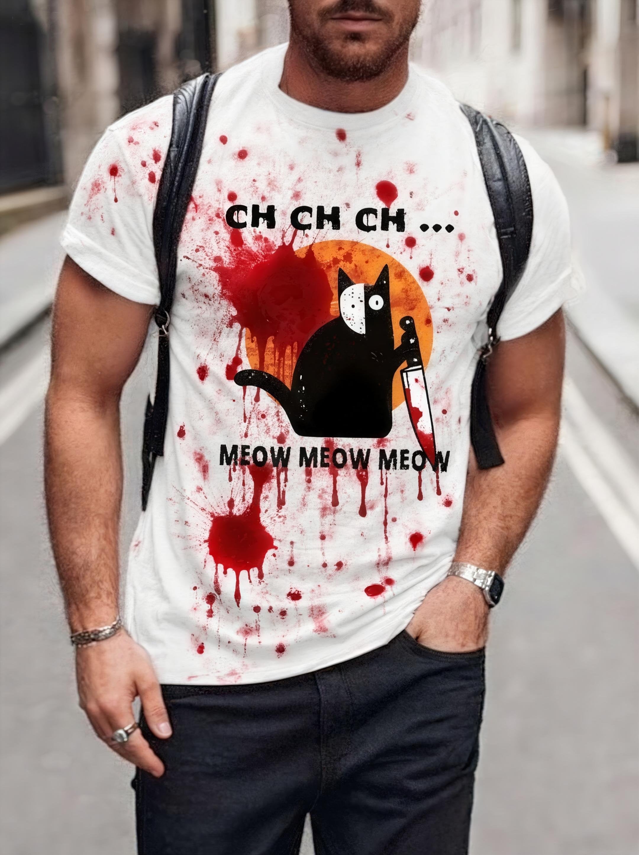 Men's Halloween Artistic Cat Printed Crew Neck Short Sleeve T-shirt