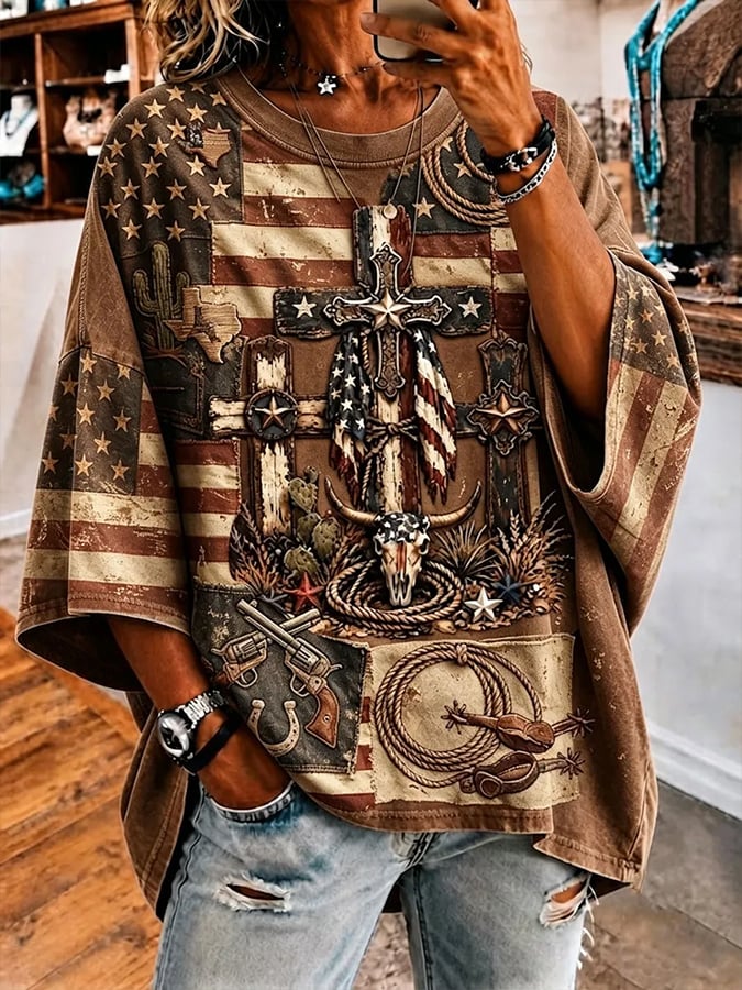 Women'S Vintage-Style Western Print T-Shirt