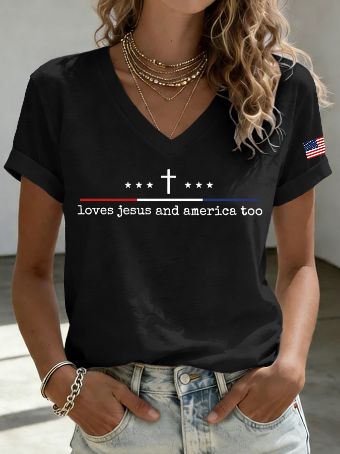 Women'S Loves Jesus and America Too Print Printed T-Shirt