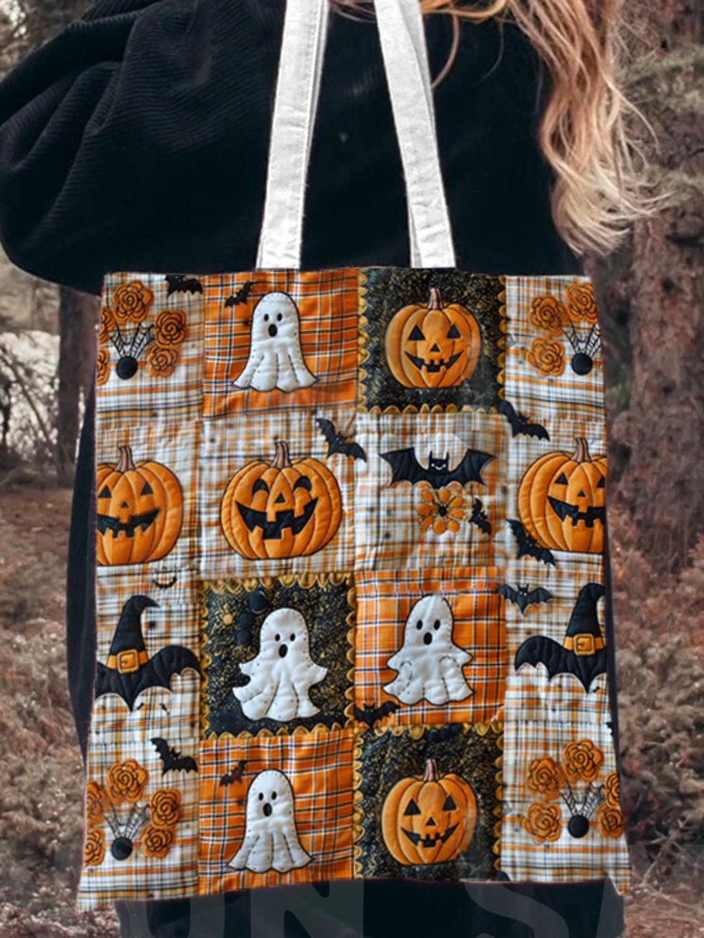 Halloween Funny Patchwork Plaid Pumpkin Face Printed Canvas Bag