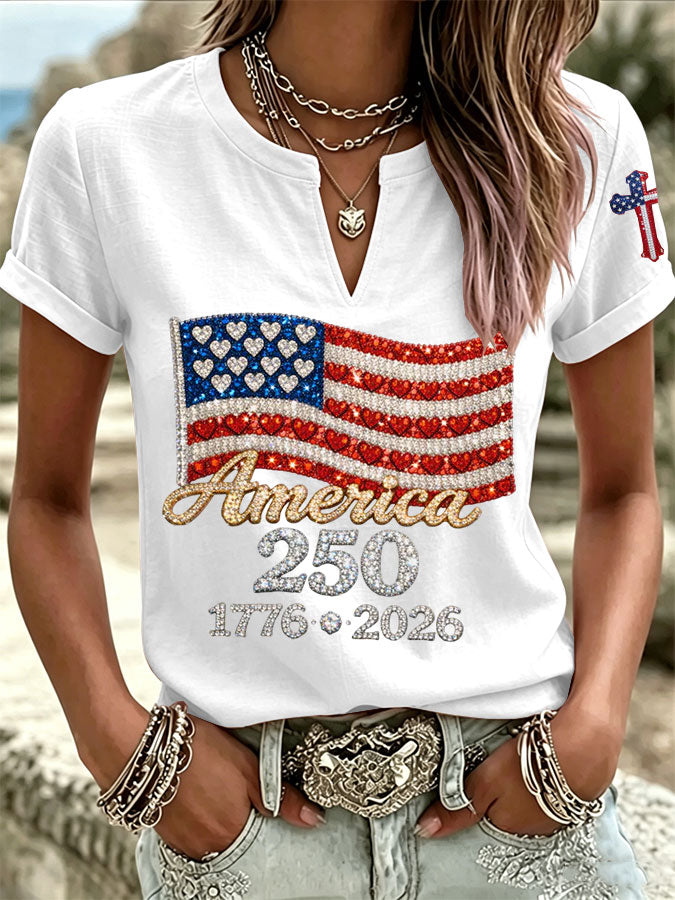 Women'S America Flag Printed Casual Cotton Linen Short Sleeved Shirt