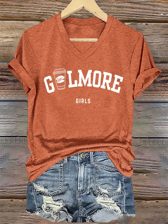 🔥HOT SALE🔥V-Neck Retro Fall Stars Hollow Luke’s Coffee Cup Girls Print T-Shirt