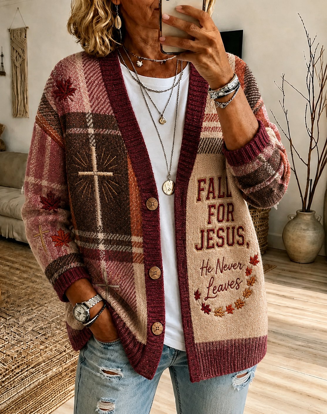 Women's Autumn Fall For Jesus, He Never Leaves Print Top