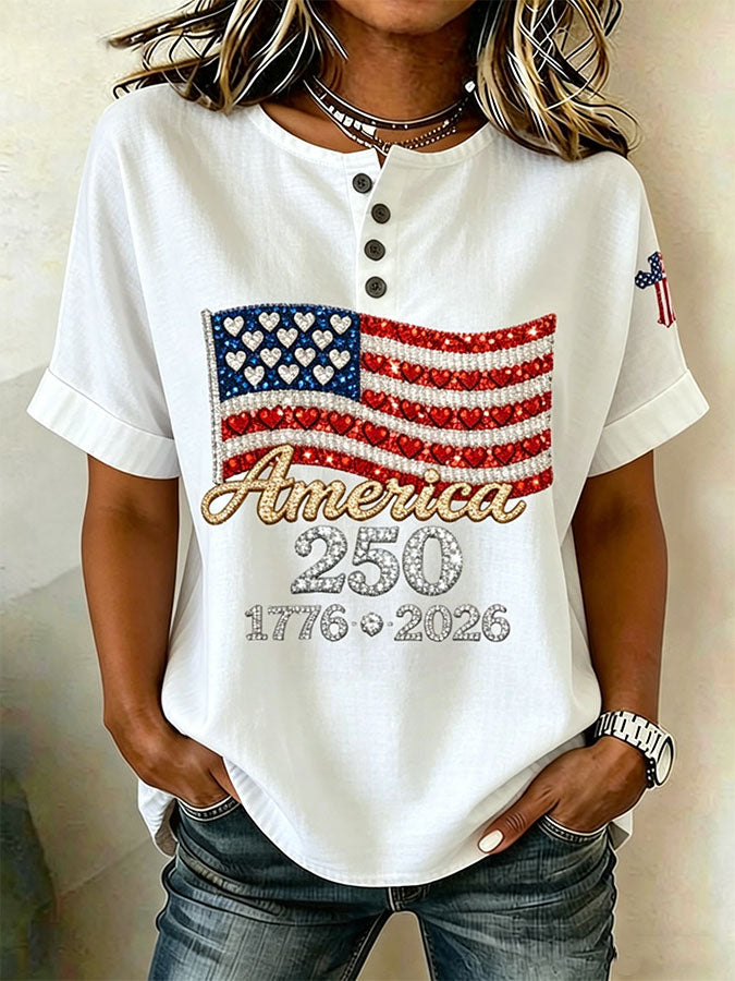 Women'S Casual America Flag Print Cotton Linen Button-Down Shirt