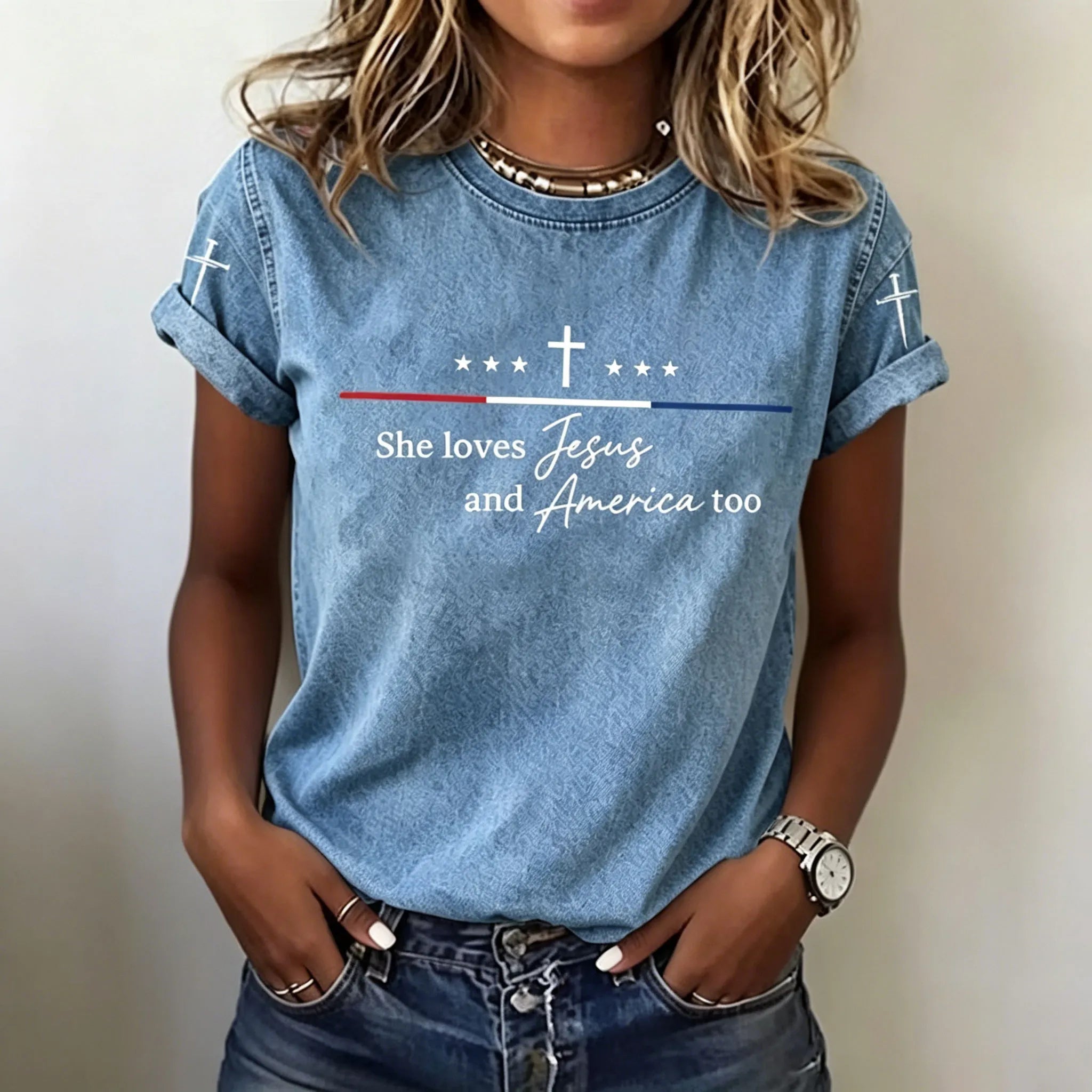 Women'S Loves Jesus and America Too Print Casual Top