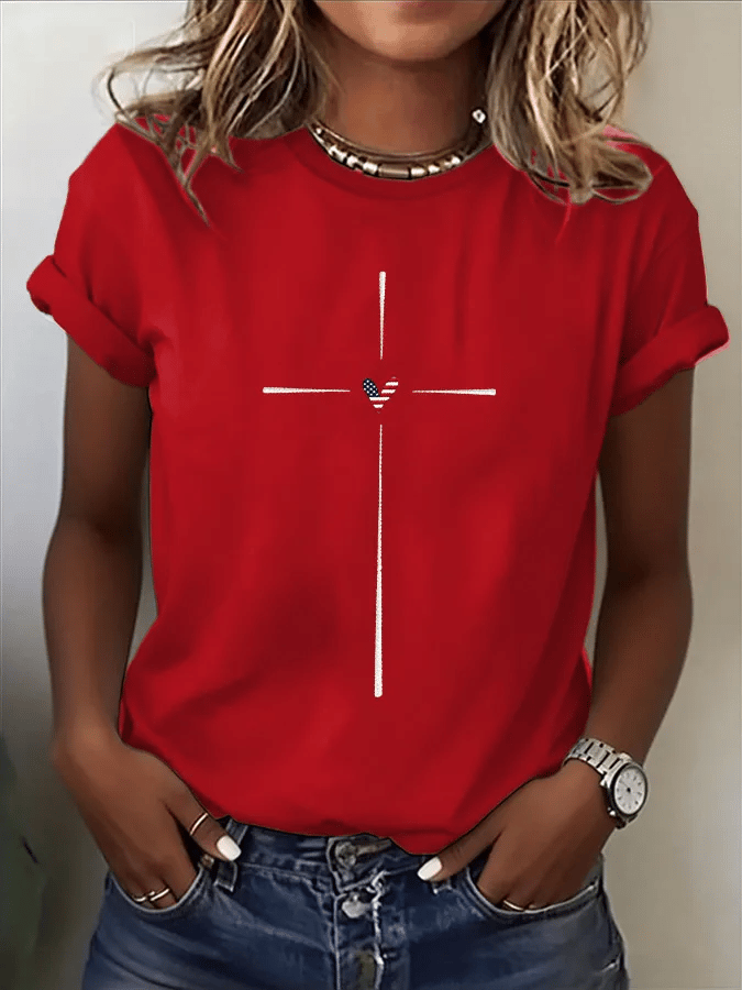 Women's Faith-Themed American Flag Print Crew Neck T-Shirt