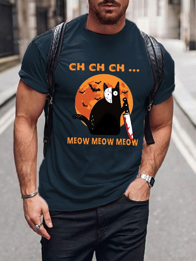 Men's Halloween Artistic Cat Print Short Sleeve T-shirt