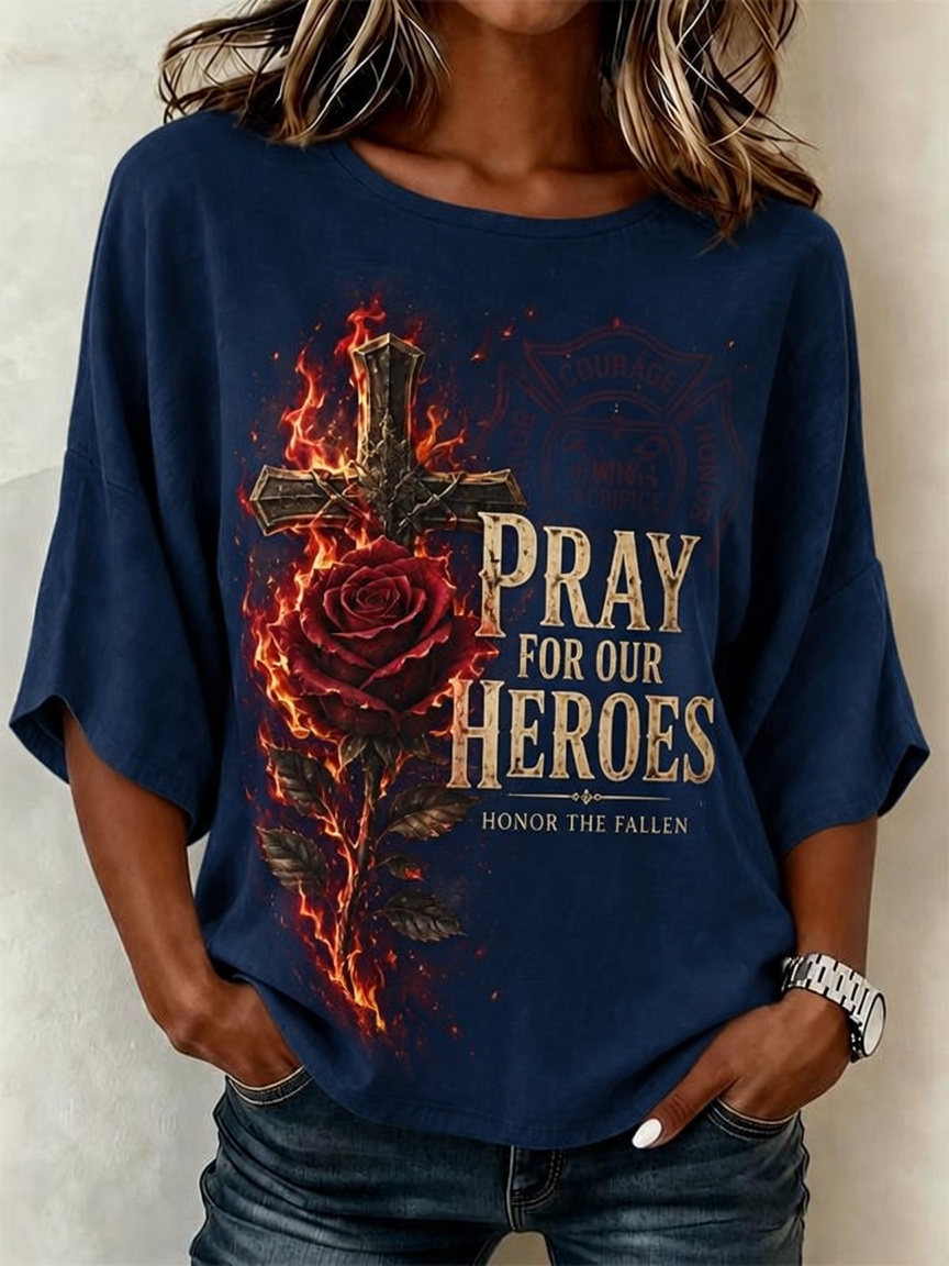 Women's Vintage Rose Cross Pray For Our Heroes T-Shirt