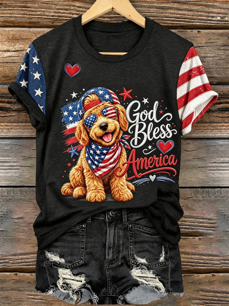 Ladies' 250Th Anniversary American Flag Dog Print V-Neck Short Sleeved T-Shirt