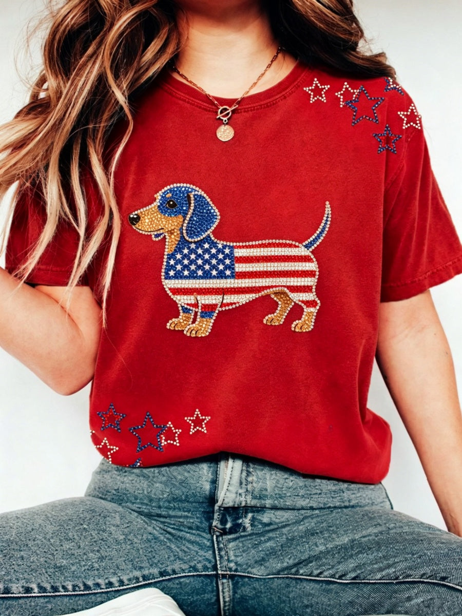 Women's Lovely Dachshund Rhinestone Pattern T-Shirt