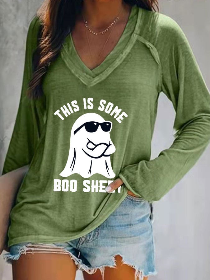 Women's Halloween This Is Some Boo Sheet Printed Casual Long Sleeve V-Neck T-Shirt