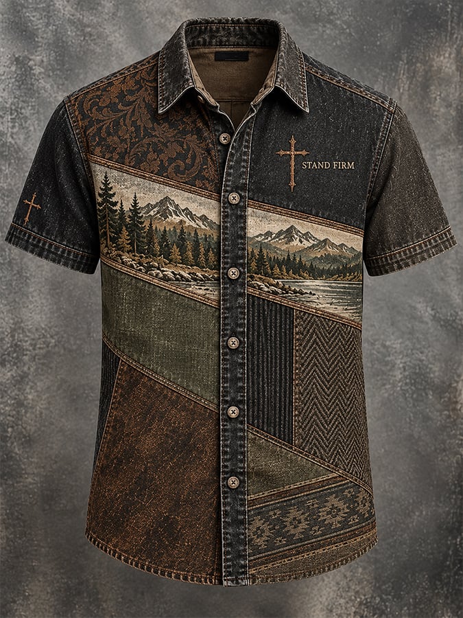 Men's Vintage Faith Faux-Linen Short-Sleeve Shirt