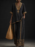 Women’s Black Egyptian-Inspired V-Neck Tunic and Wide-Leg Pants Set with Gold Hieroglyphic Border