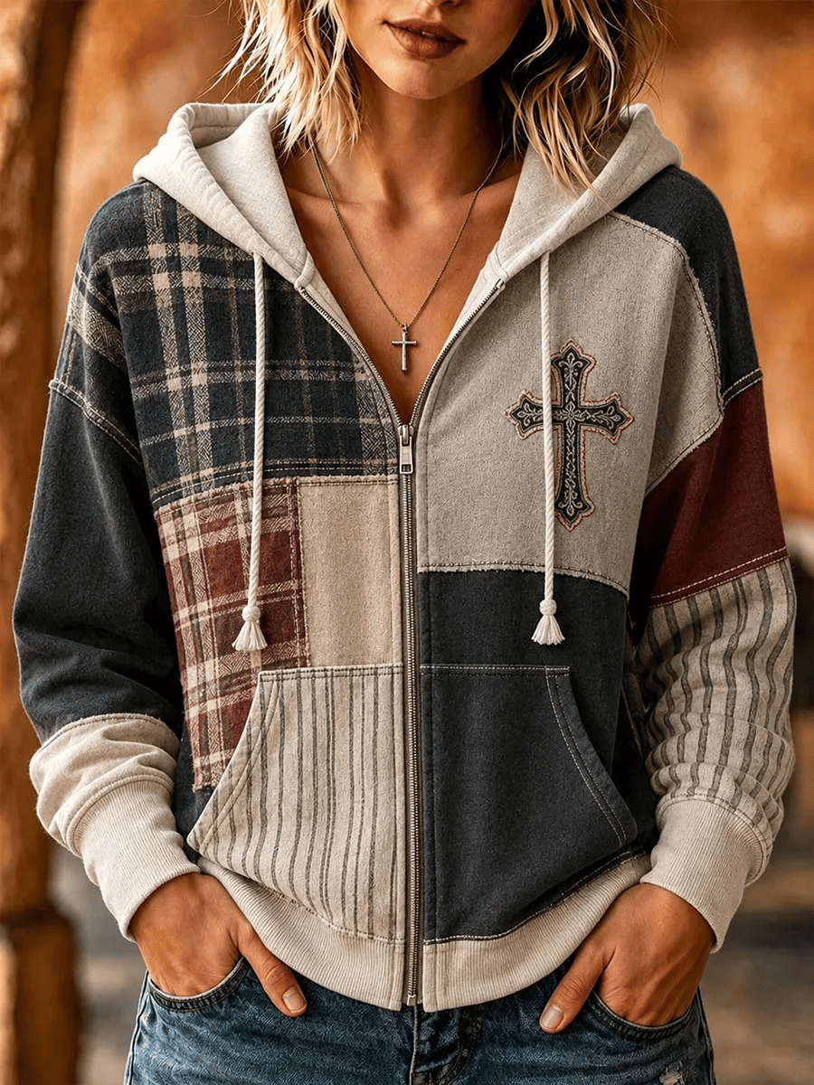 Women's Retro Faith Print Zip-Up Hooded Sweatshirt