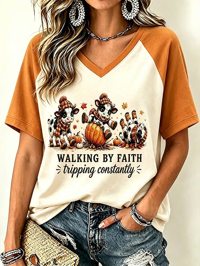 Women's Faith Highland Cow Print Raglan T-Shirt