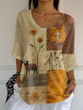 Women's Summer Cute Lamb Floral Cross Faux Embroidery Print Top