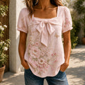 Pink Peony Ribbon Bow Short Sleeve Blouse