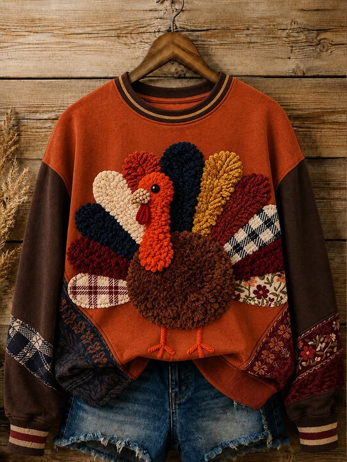 Women's Retro Thanksgiving Turkey Print Sweatshirt