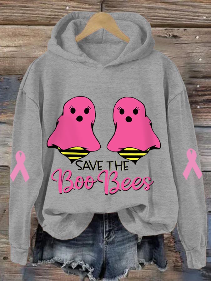 Women's Pink Halloween Ghost Save The Boo Bees Breast Cancer Awareness Warrior Hoodie