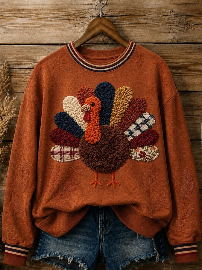 Women's Retro Thanksgiving Turkey Print Sweatshirt