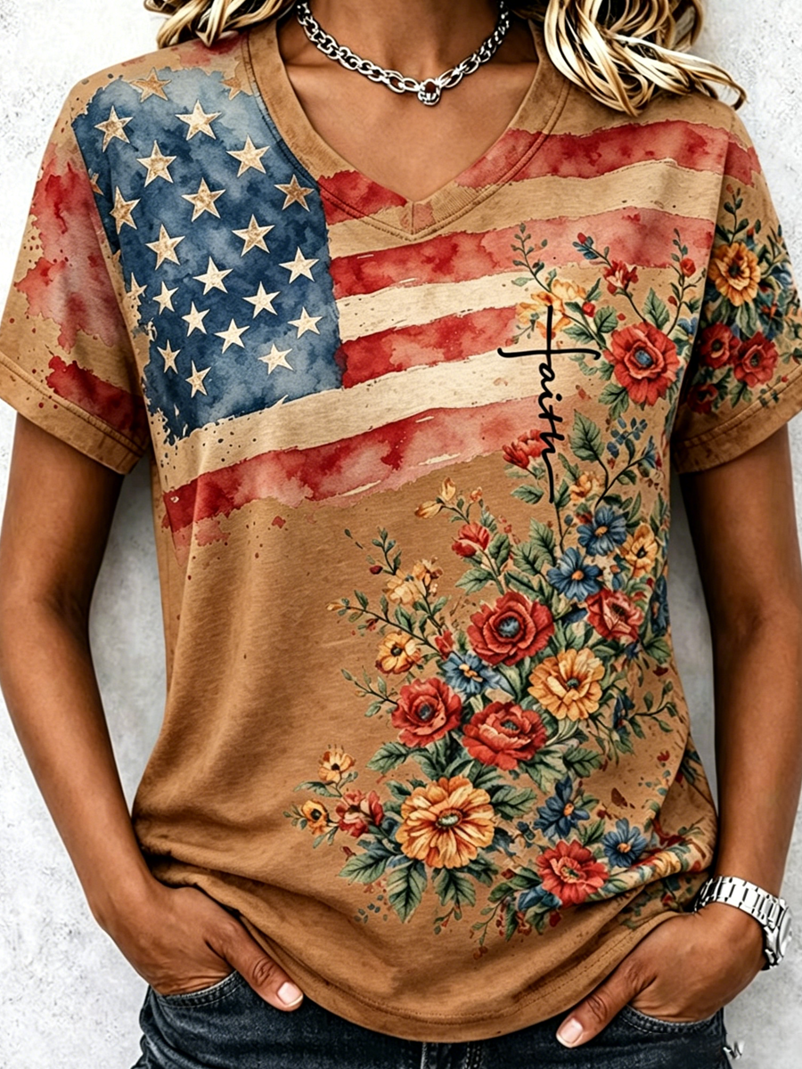Women's Casual American 250th Anniversary Print V-Neck T-Shirt
