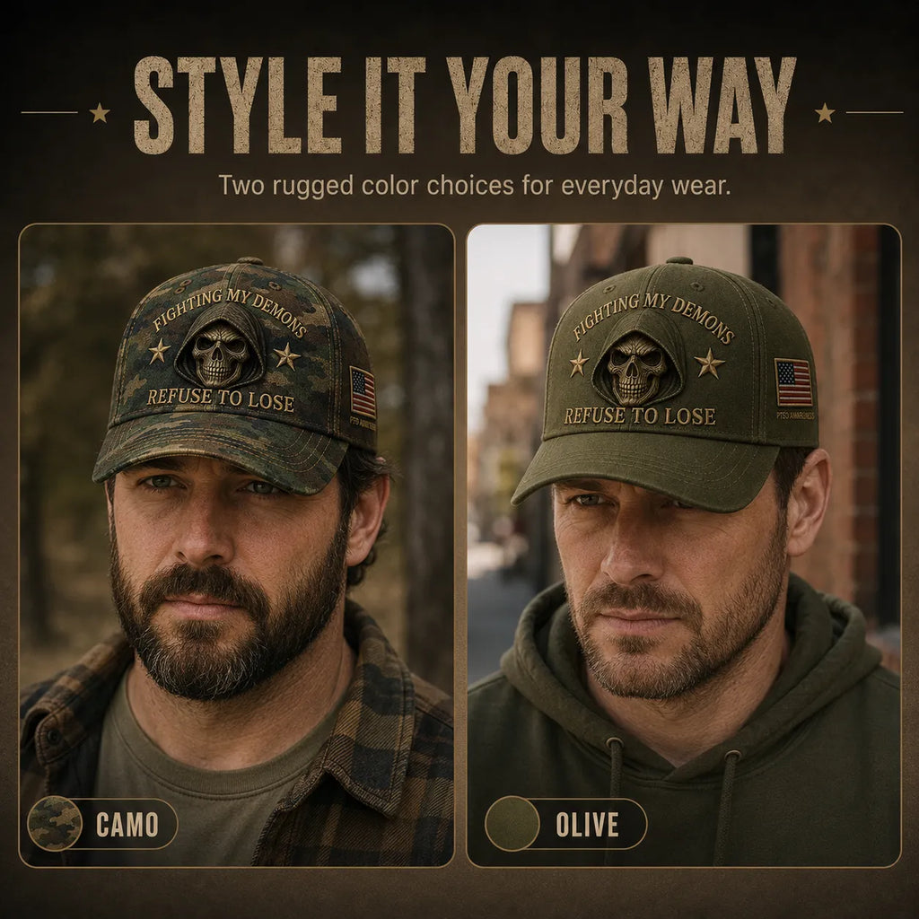 🔥 Father’s Day Sale - ❤️ “Fighting My Demons” PTSD Awareness Embroidered Cap 🇺🇸 – Refuse To Lose Edition 🖤💀
