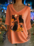 Women's Halloween Black Cat And Pumpkin Print Top