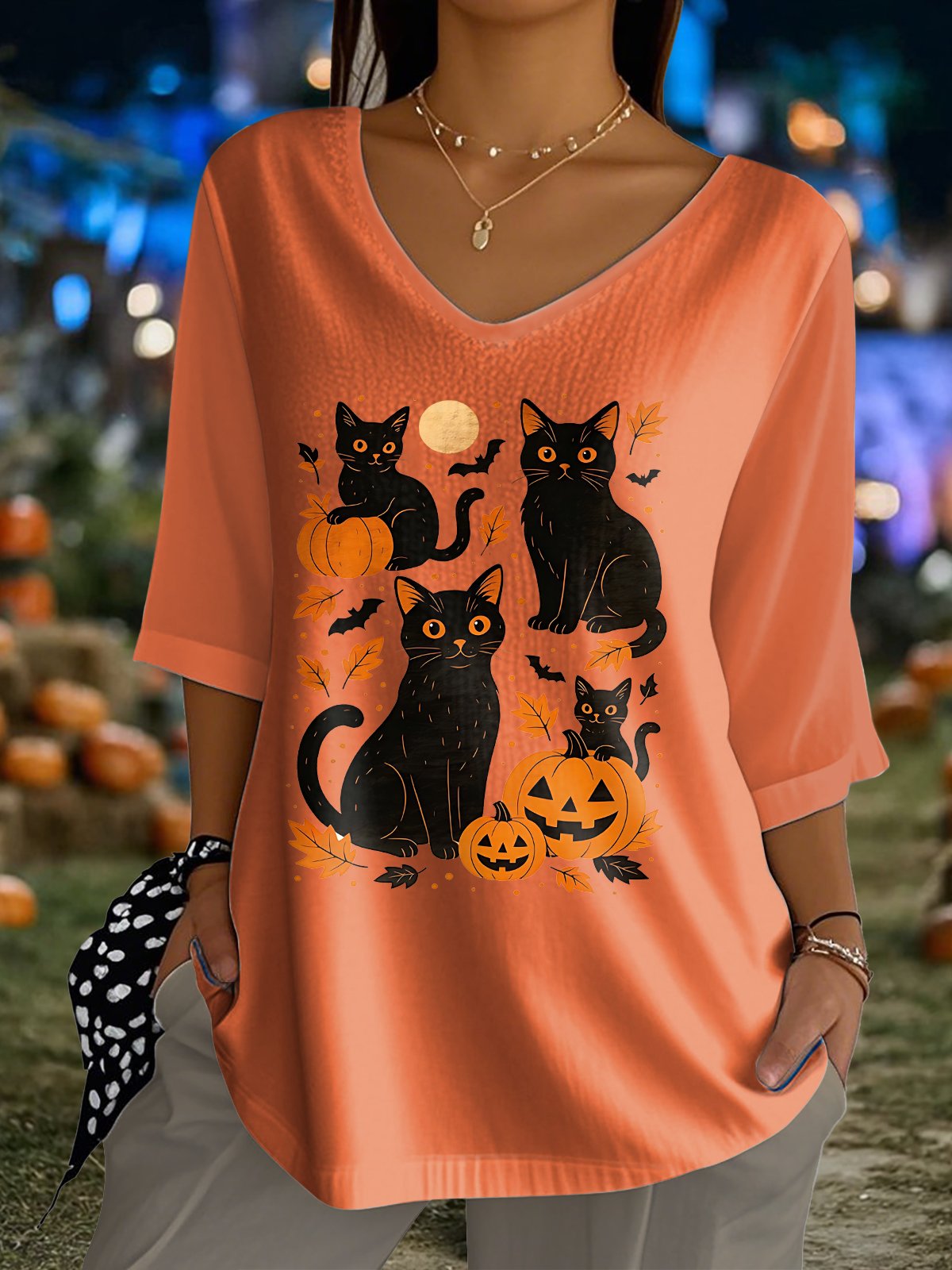 Women's Halloween Black Cat And Pumpkin Print Top