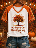 Women's “HAPPY Thanksgiving” Printed V-neck T-shirt