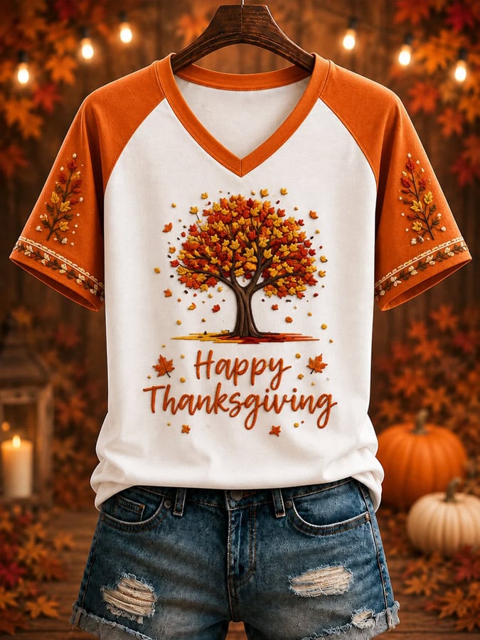 Women's “HAPPY Thanksgiving” Printed V-neck T-shirt