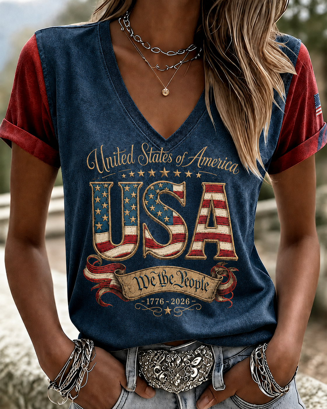 Women'S Retro Flag Art Printed Casual Short Sleeved T-Shirt