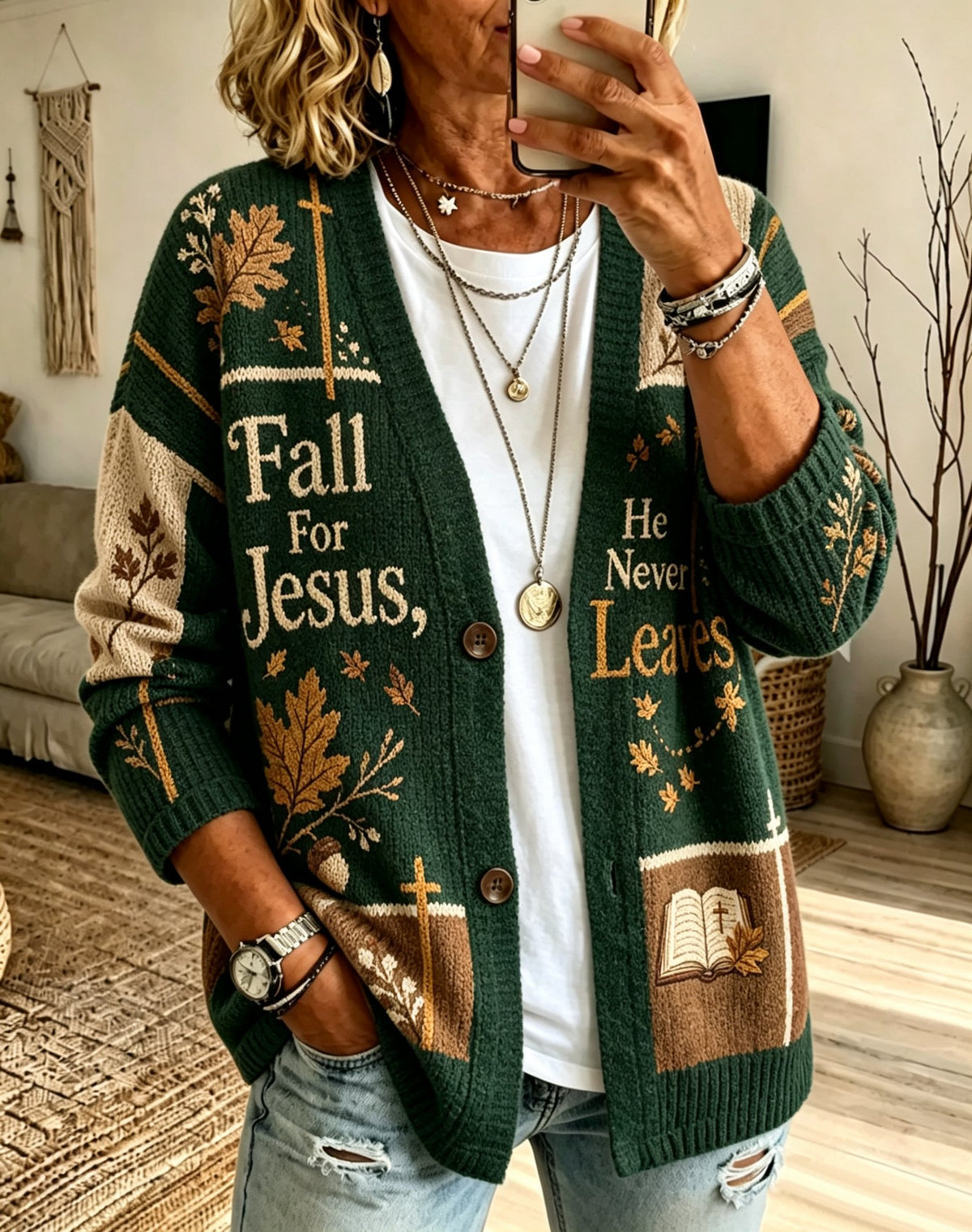 Women's Autumn Fall For Jesus, He Never Leaves Print Top