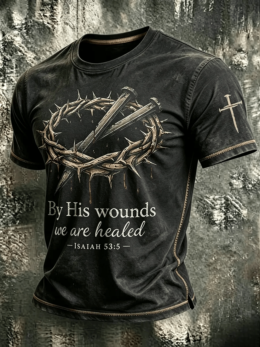 Men's Retro Religious Belief Cross Washed  Printed Casual T-Shirt
