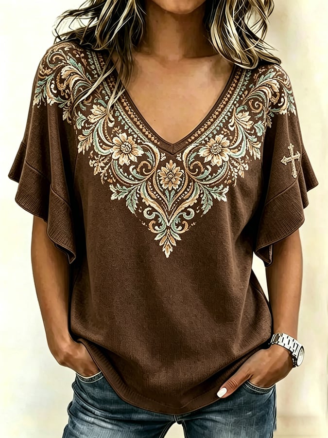 Women's  Retro Western-Style Faith Print T-shirt