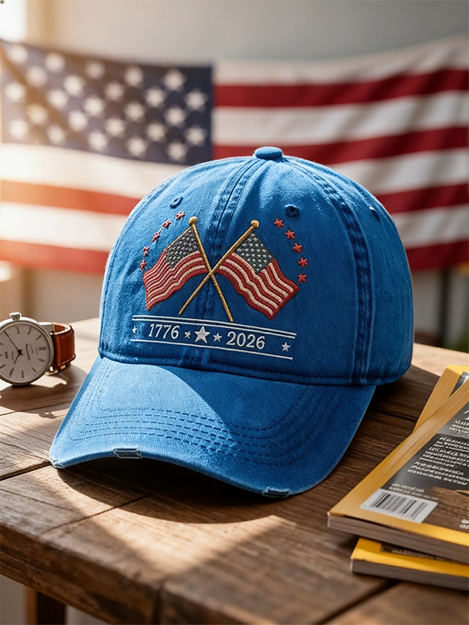 Crossed American Flags 1776-2026 Washed Baseball Cap