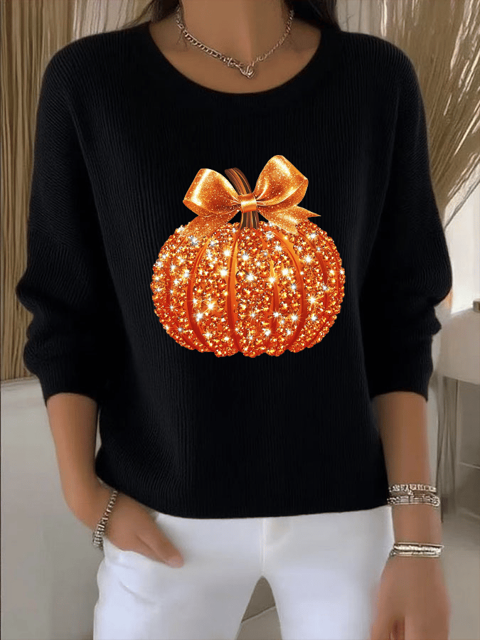 Women's Autumn Sequin Pumpkin Print Knit Long Sleeve Top