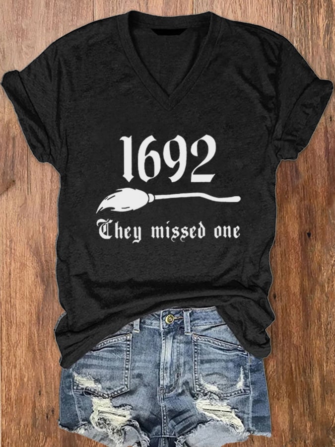 Women's 1692 They Missed One Salem Witch Print V-Neck T-Shirt