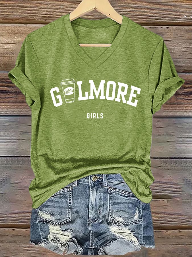 🔥HOT SALE🔥V-Neck Retro Fall Stars Hollow Luke’s Coffee Cup Girls Print T-Shirt