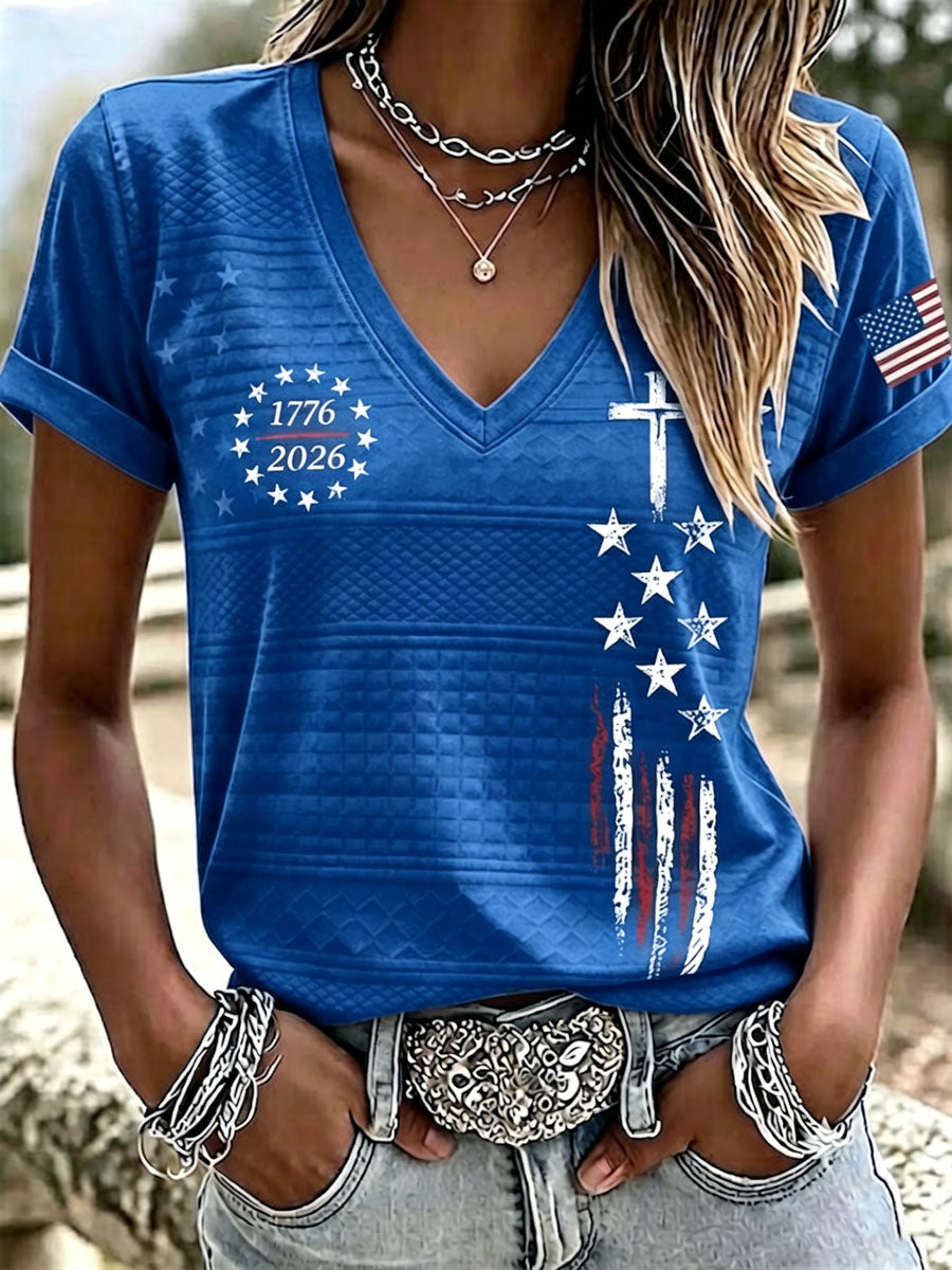 Women'S America Flag Print Casual V-Neck T-Shirt
