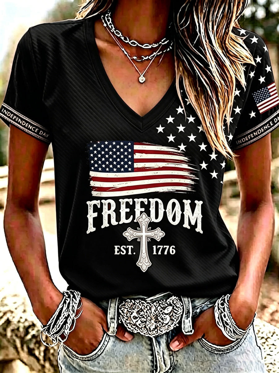Women's Independence Day Cross Faith V-neck T-shirt