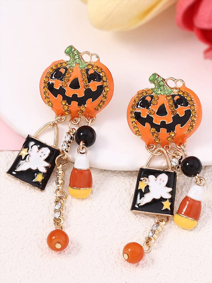 Orange Halloween Rhinestone Pumpkin Ghost Earrings
