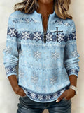Women's Casual Printed 1/4 Zipper Long-Sleeve Knit Top
