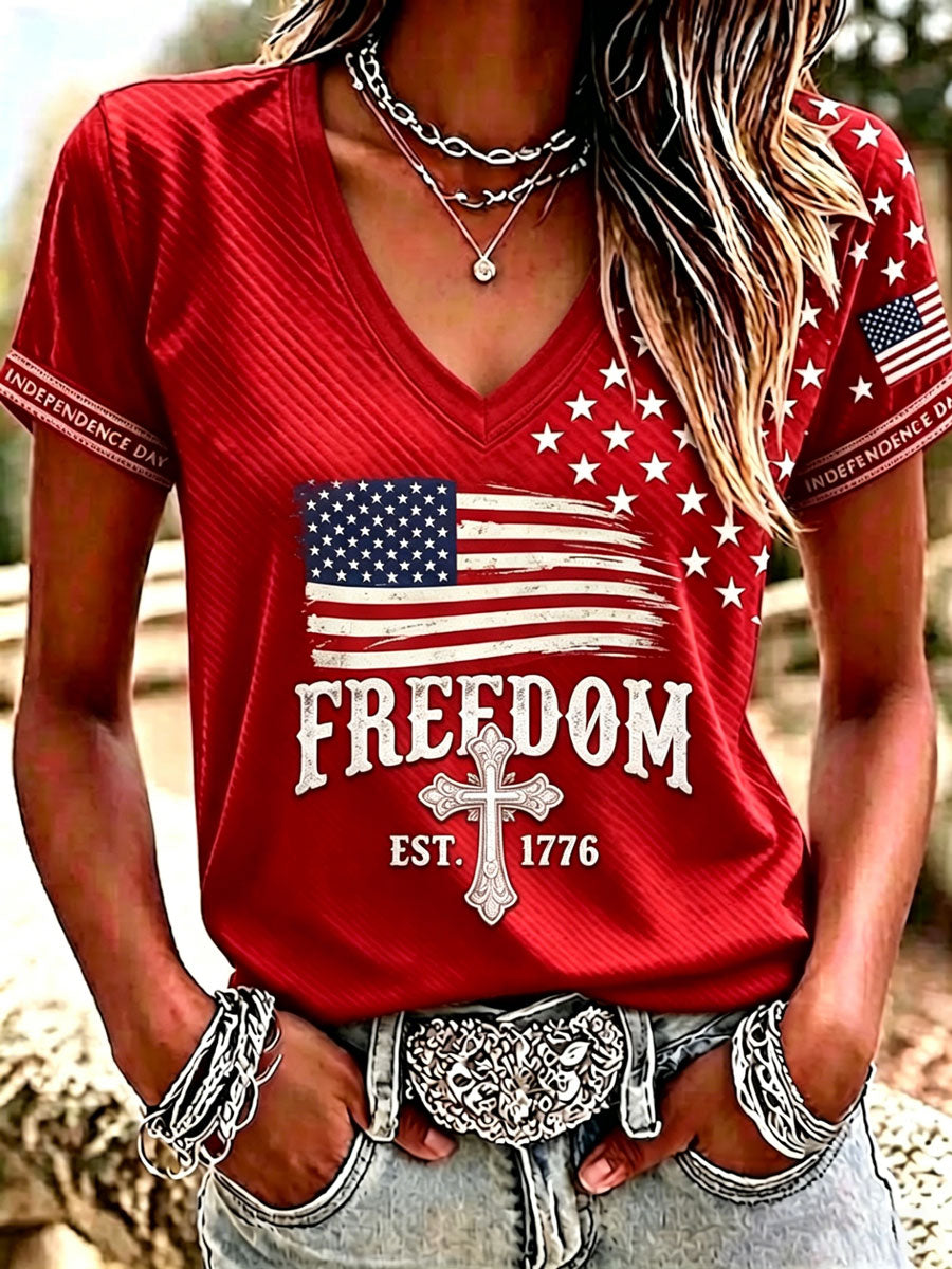 Women's Independence Day Cross Faith V-neck T-shirt