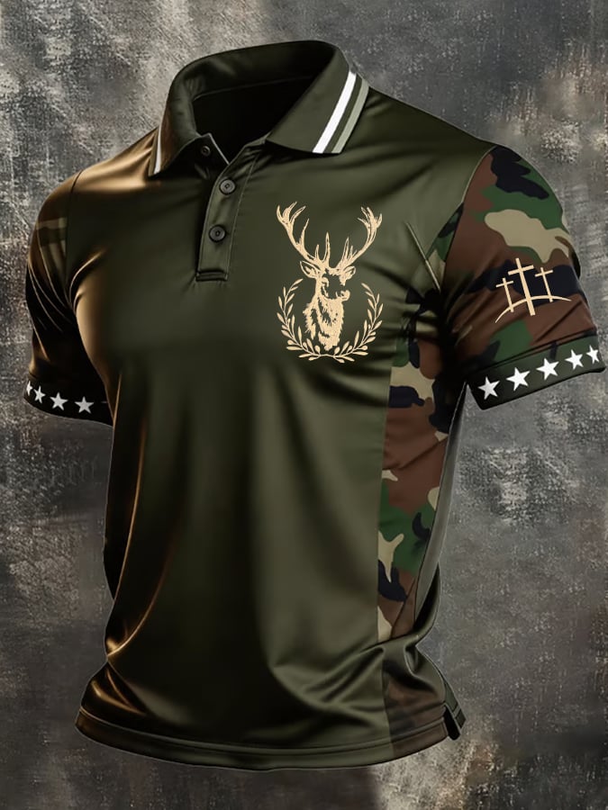 Men's Vintage Traditional Reindeer Pattern Western Print Casual Polo Shirt